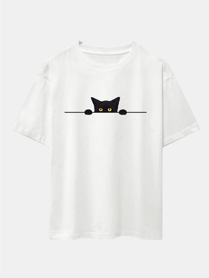 Black Cat Print Drop Shoulder Oversize T-Shirt