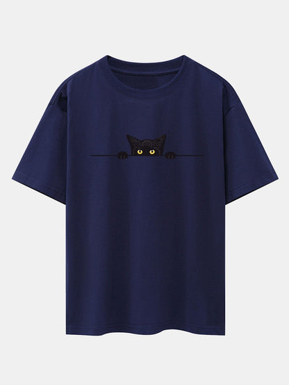 Black Cat Print Drop Shoulder Oversize T-Shirt