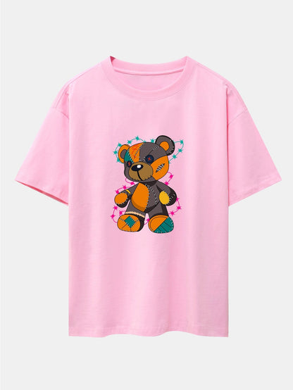 Tattered Bear Print Drop Shoulder Oversize T-Shirt