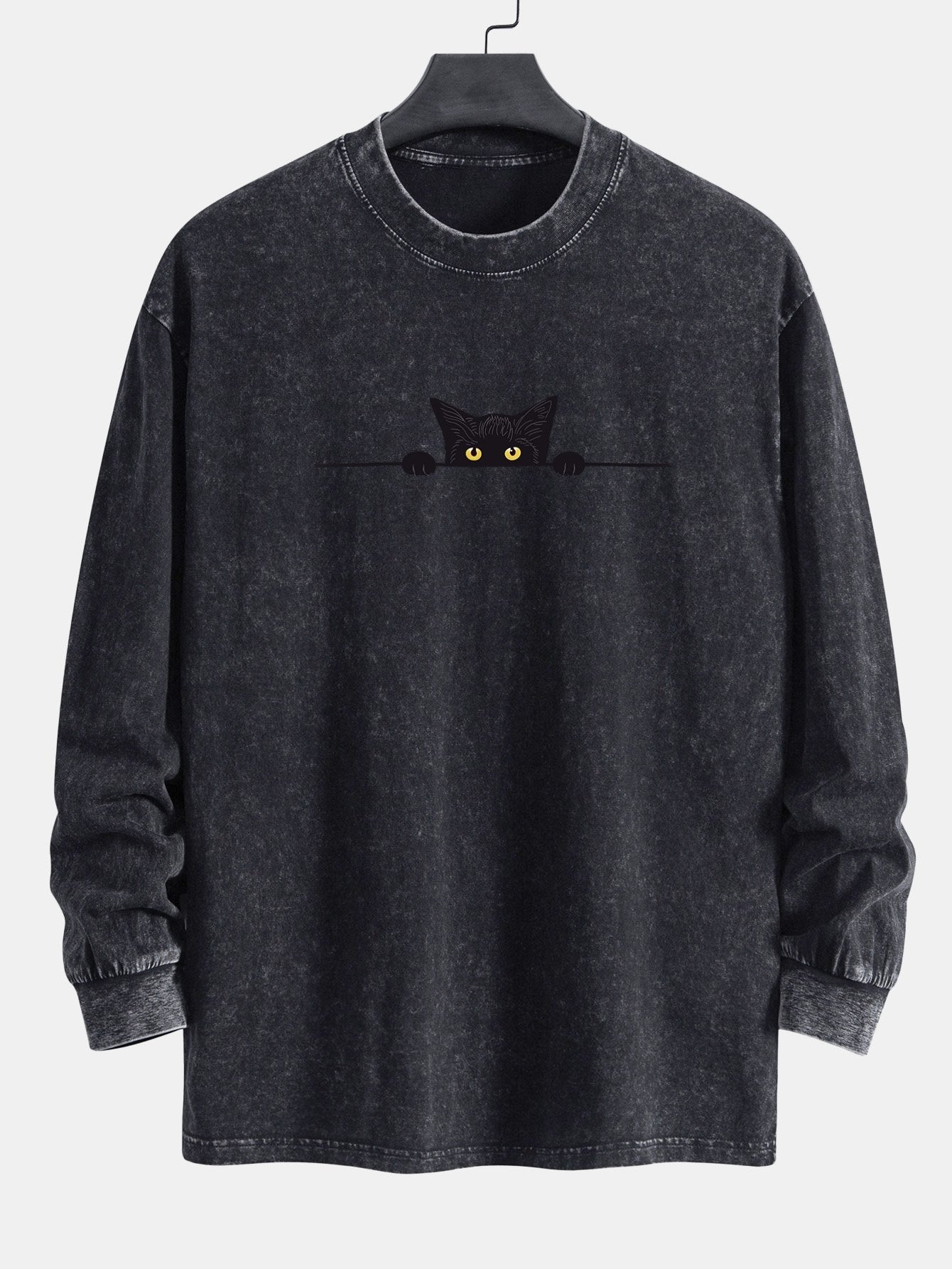 Black Cat Print Relax Fit Long Sleeve Washed Distressed T-Shirt