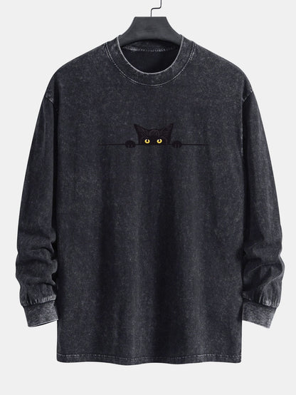 Black Cat Print Relax Fit Long Sleeve Washed Distressed T-Shirt