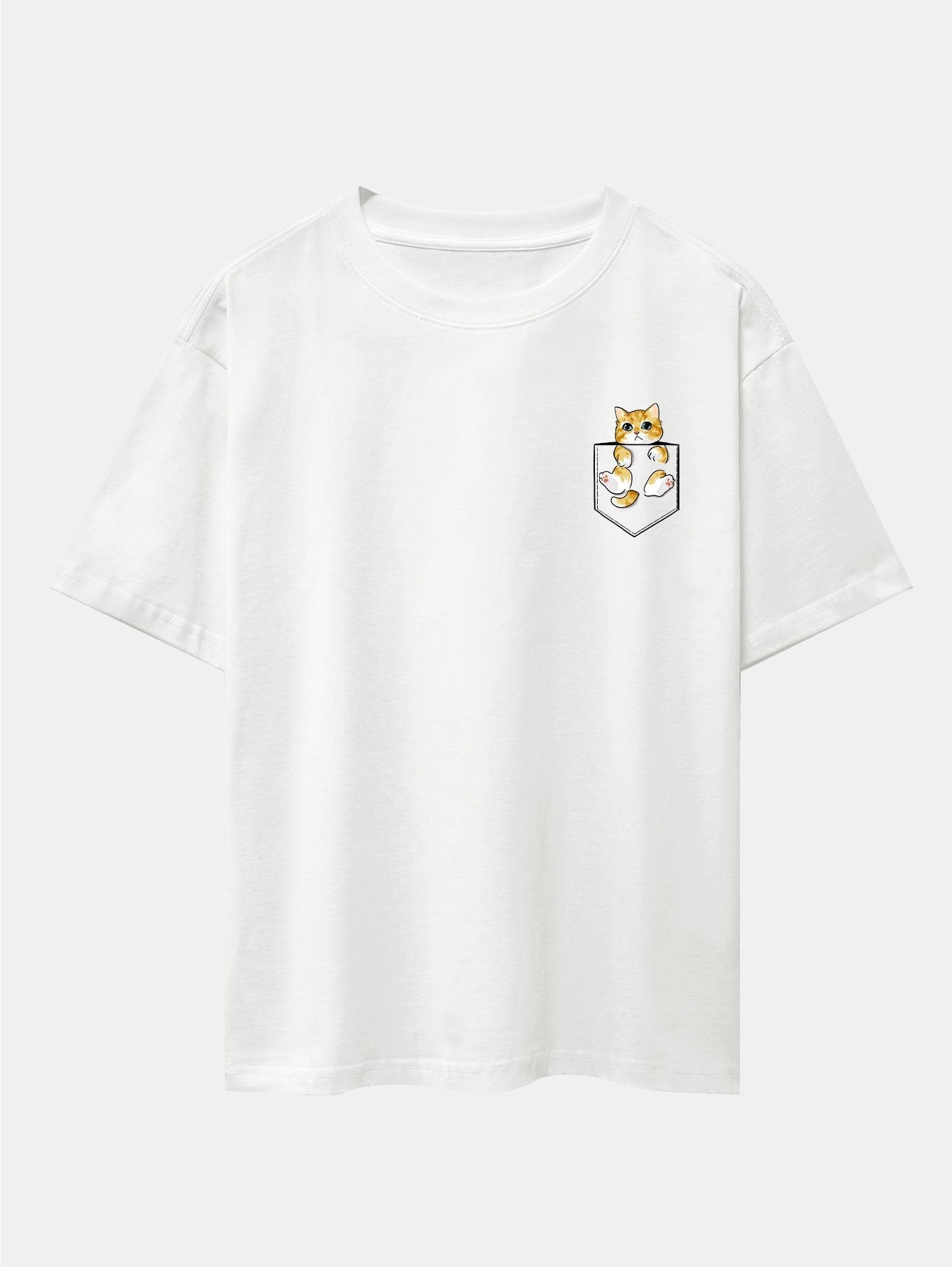 Pocket Cat Print Drop Shoulder Oversize T-Shirt