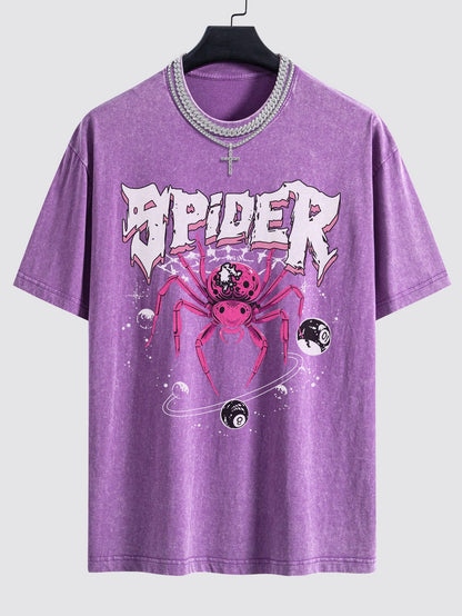 Spider Print Washed Drop Shoulder Oversize T-Shirt