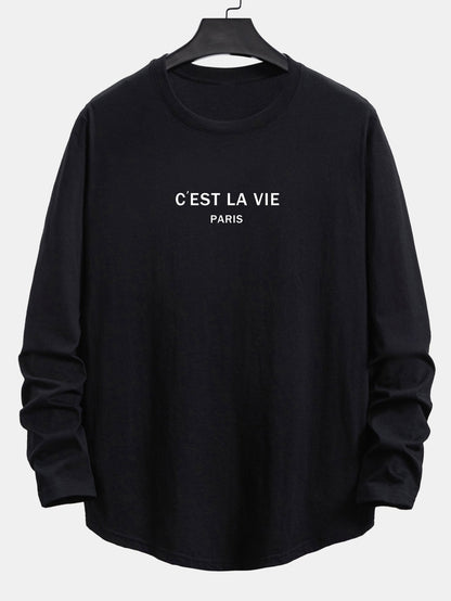 Long Sleeve Paris Slogan Print Cotton Arc Hem T-Shirt