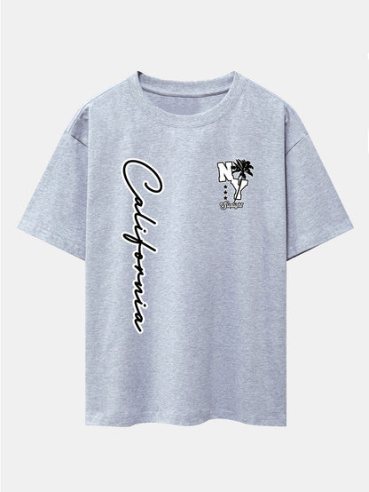 New York California Palm Tree Print Drop Shoulder Oversize T-Shirt