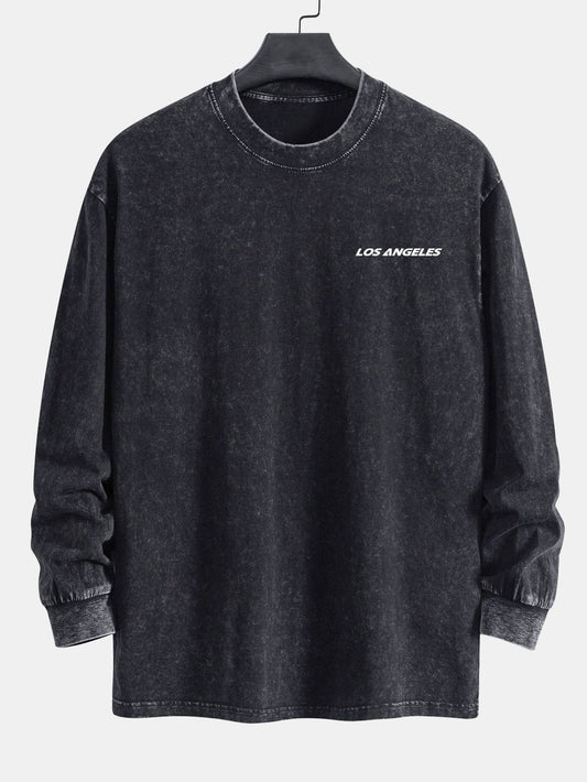 Los Angeles Print Relax Fit Long Sleeve Washed Distressed T-Shirt