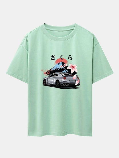 Tokyo Cherry Blossoms Car Print Drop Shoulder Oversize T-Shirt