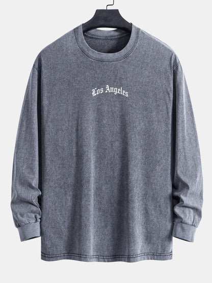 Los Angeles Slogan Print Relax Fit Long Sleeve Washed Distressed T-Shirt