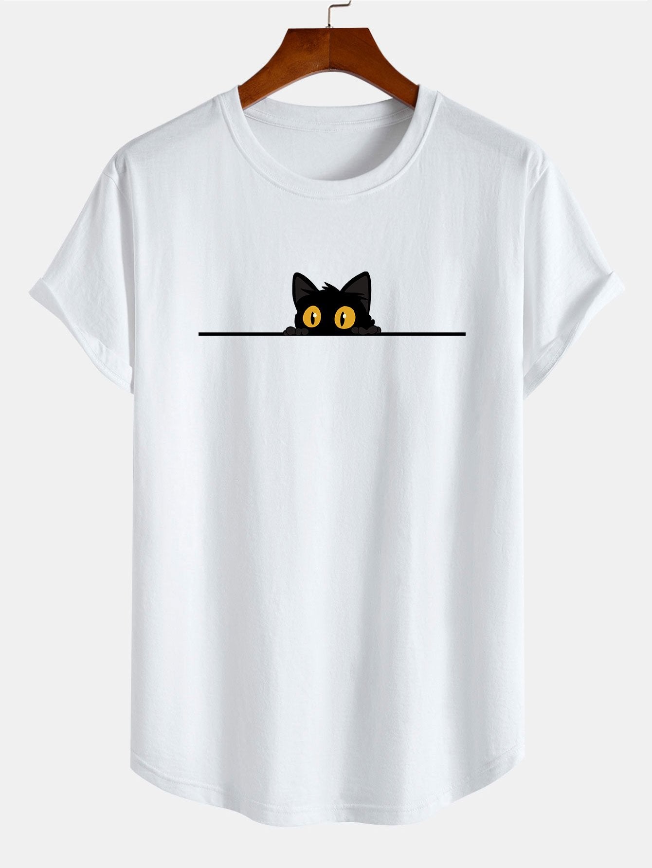 Black Cat Print Cotton Arc Hem T-Shirt