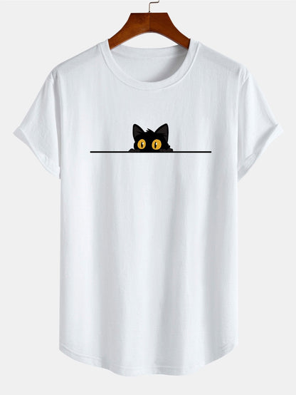 Black Cat Print Cotton Arc Hem T-Shirt