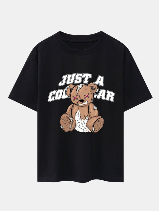 Tattered Bear Print Drop Shoulder Oversize T-Shirt