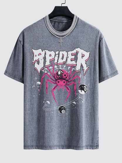 Spider Print Washed Drop Shoulder Oversize T-Shirt