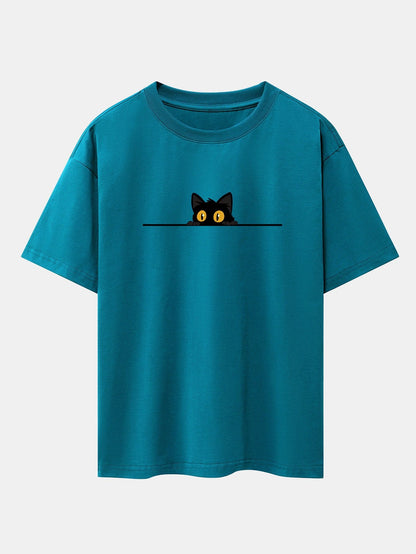 Black Cat Print Drop Shoulder Oversize T-Shirt