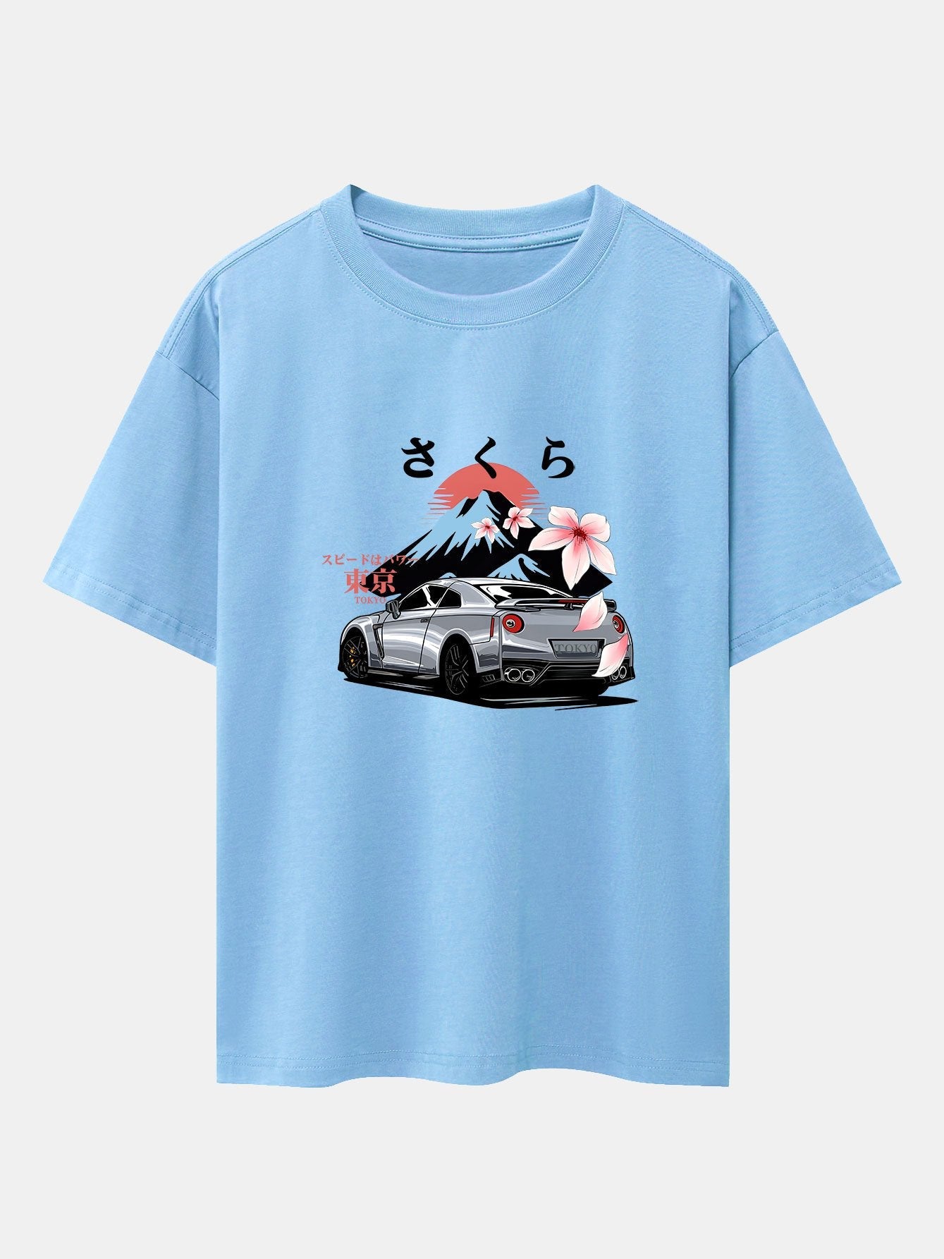 Tokyo Cherry Blossoms Car Print Drop Shoulder Oversize T-Shirt