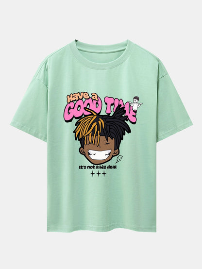 Cartoon Character Slogan Print Drop Shoulder Oversize T-Shirt