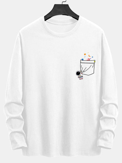 Long Sleeve Pocket Planet Astronaut Print Cotton T-Shirt