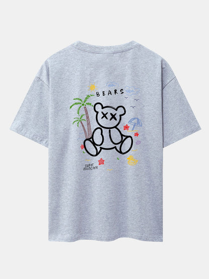 Bear On Vacation Print Drop Shoulder Oversize T-Shirt