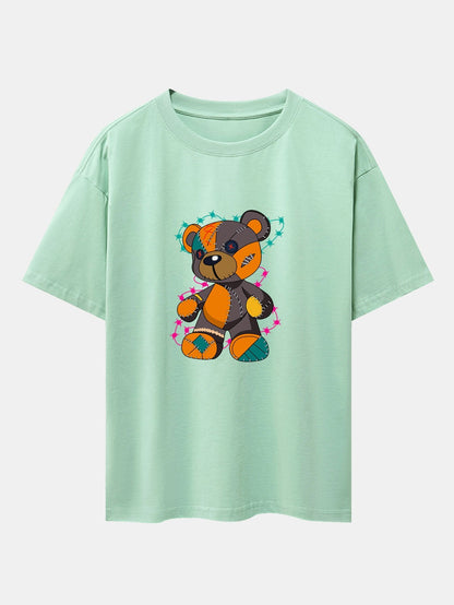 Tattered Bear Print Drop Shoulder Oversize T-Shirt