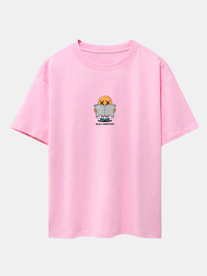 Cartoon Smiley Read Newspaper Print Drop Shoulder Oversize T-Shirt