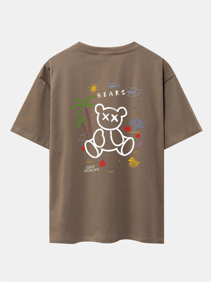 Bear On Vacation Print Drop Shoulder Oversize T-Shirt