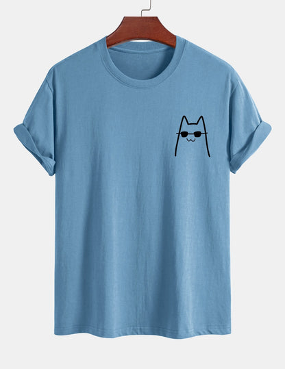 Regular Fit Cat With Sunglasses Print Cotton T-Shirt