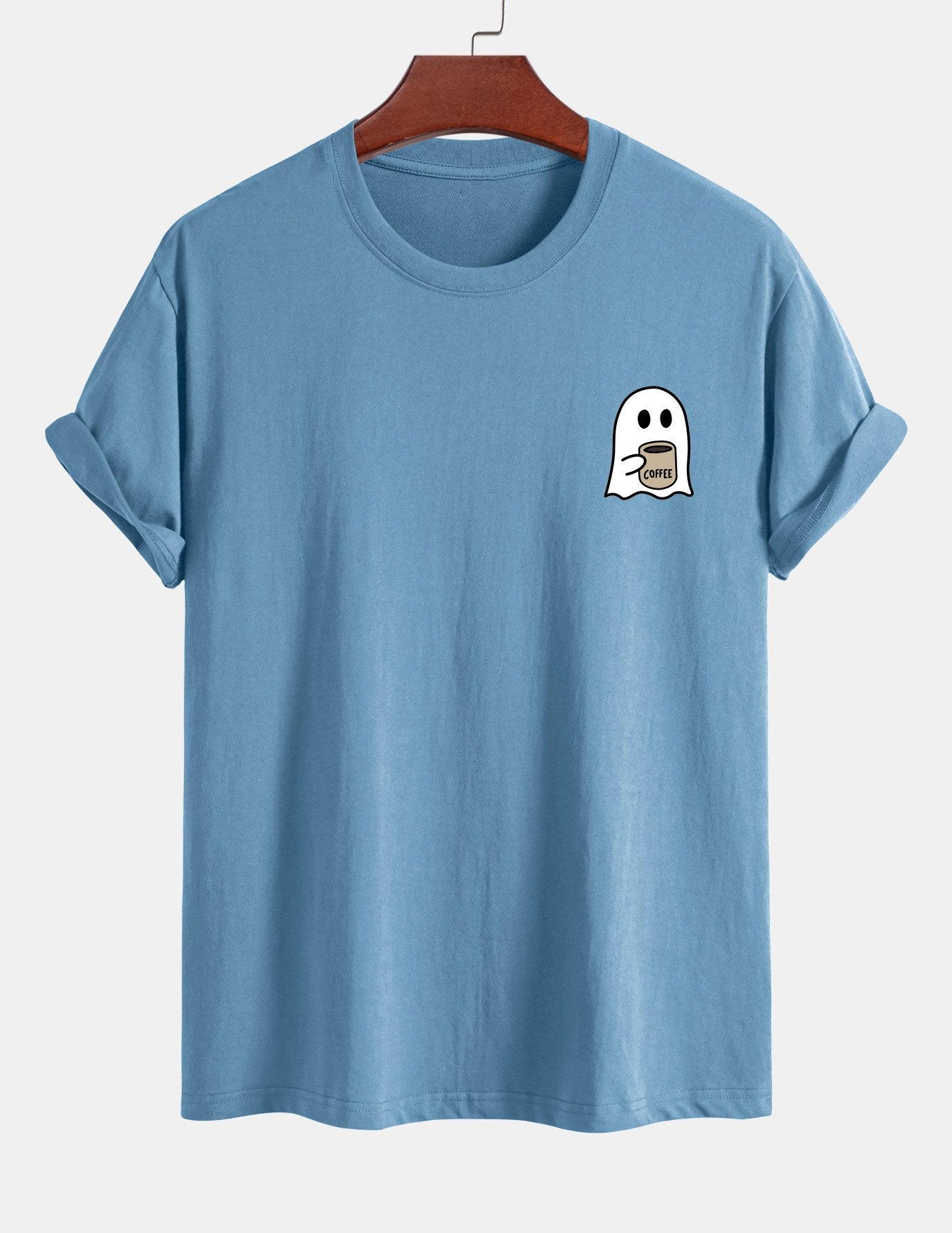 Regular Fit Ghost Drinking Coffee Print Cotton T-Shirt