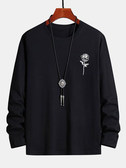 Long Sleeve Rose Print Cotton T-Shirt