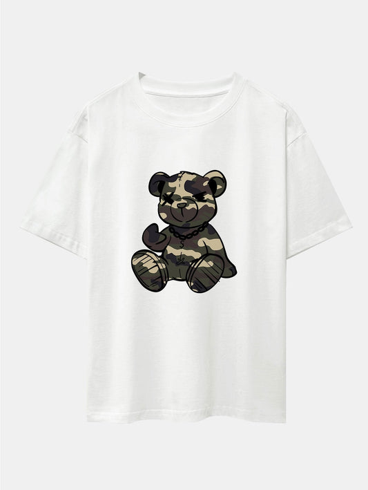 Camouflage Bear Print Drop Shoulder Oversize T-Shirt