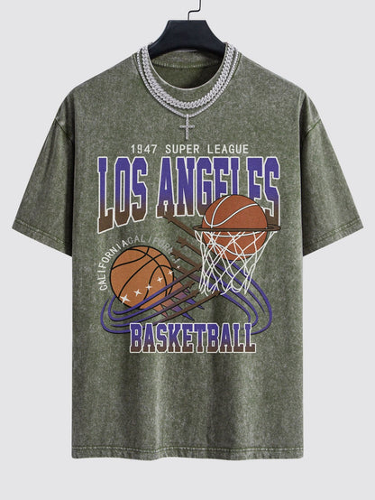 Los Angeles Basketball Print Washed Drop Shoulder Oversize T-Shirt