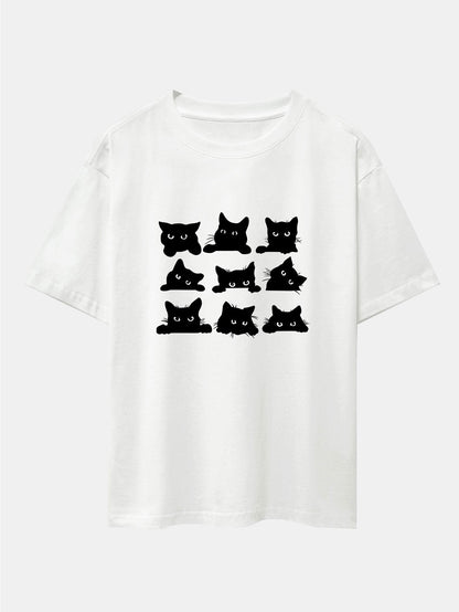 Black Cat Staring Print Drop Shoulder Oversize T-Shirt