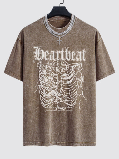 Slogan Skeleton Print Washed Drop Shoulder Oversize T-Shirt