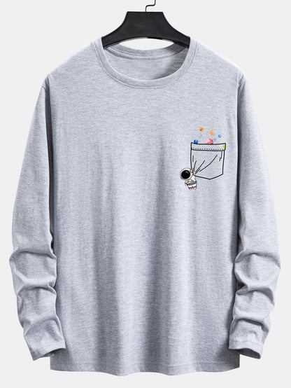 Long Sleeve Pocket Planet Astronaut Print Cotton T-Shirt