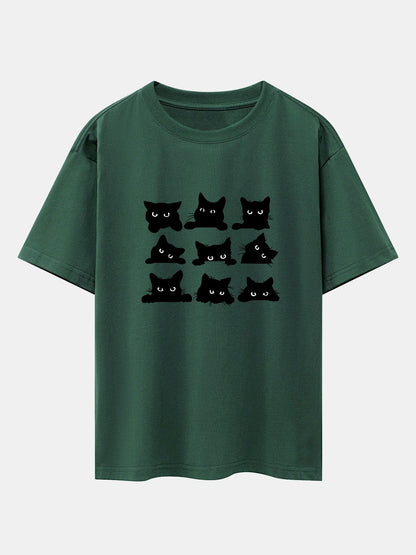 Black Cat Staring Print Drop Shoulder Oversize T-Shirt