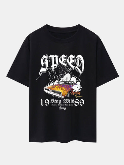 Lightning Speed Car Print Drop Shoulder Oversize T-Shirt