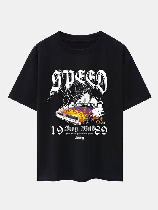 Lightning Speed Car Print Drop Shoulder Oversize T-Shirt