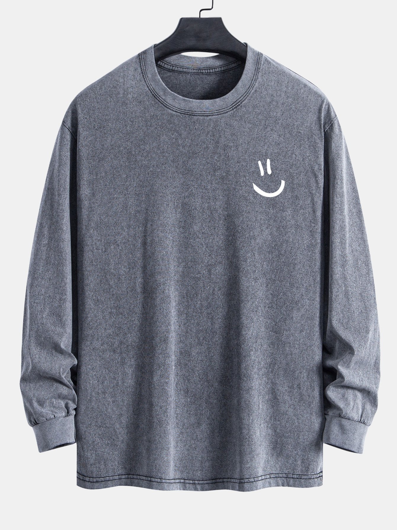 Smiley Face Print Relax Fit Long Sleeve Washed Distressed T-Shirt