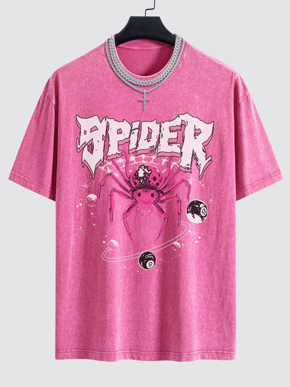 Spider Print Washed Drop Shoulder Oversize T-Shirt