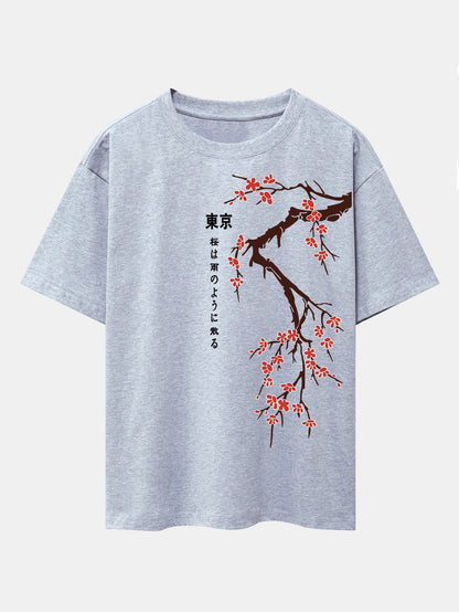 Tokyo Japanese Cherry Blossoms Print Drop Shoulder Oversize T-Shirt