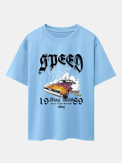 Lightning Speed Car Print Drop Shoulder Oversize T-Shirt