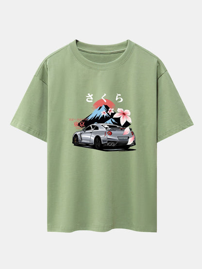 Tokyo Cherry Blossoms Car Print Drop Shoulder Oversize T-Shirt