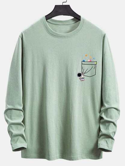 Long Sleeve Pocket Planet Astronaut Print Cotton T-Shirt
