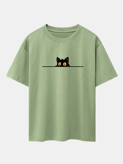 Black Cat Print Drop Shoulder Oversize T-Shirt