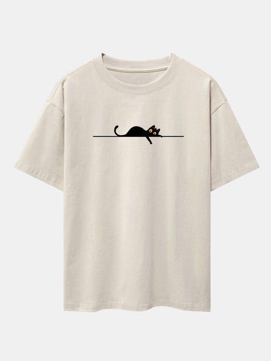 Black Cat Print Drop Shoulder Oversize T-Shirt