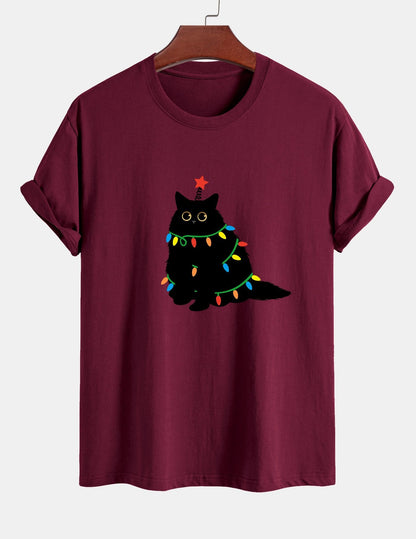 Regular Fit Colorful Light Black Cat Print Cotton T-Shirt