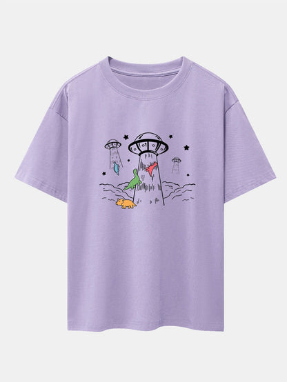 UFO Take Away Dinosaurs Print Drop Shoulder Oversize T-Shirt