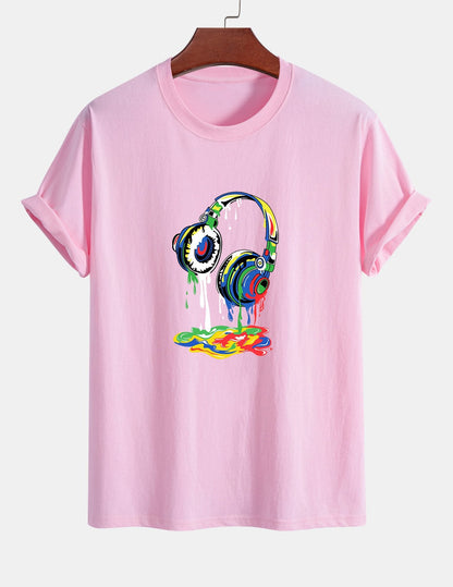 Regular Fit Dissolving Headphones Print Cotton T-Shirt