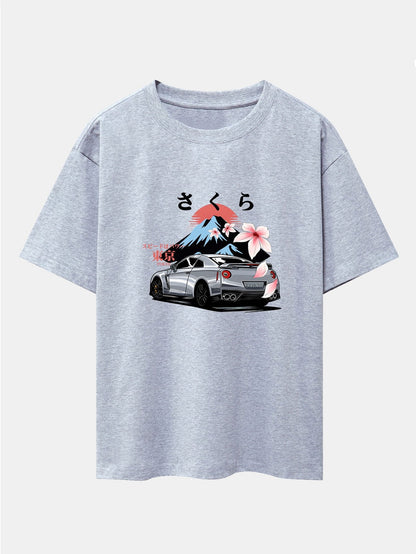 Tokyo Cherry Blossoms Car Print Drop Shoulder Oversize T-Shirt