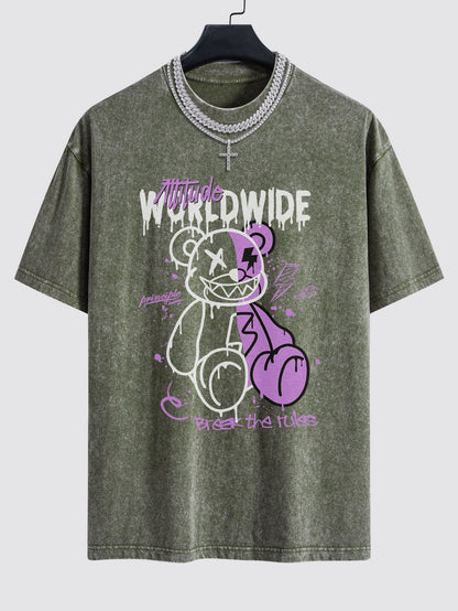 Dissolving Bear Print Washed Drop Shoulder Oversize T-Shirt