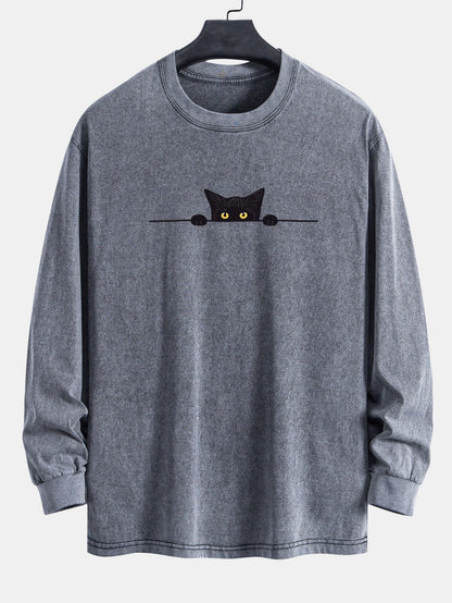 Black Cat Print Relax Fit Long Sleeve Washed Distressed T-Shirt