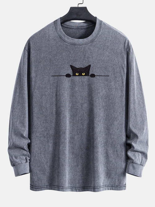 Black Cat Print Relax Fit Long Sleeve Washed Distressed T-Shirt